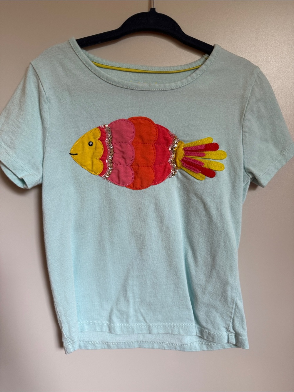 Mini Boden Light Blue Tee with Yellow, Pink & Red Fish Appliqué